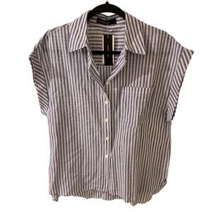 Striped Cotton Kimono Button Front Shirt Light Blue White, size XL